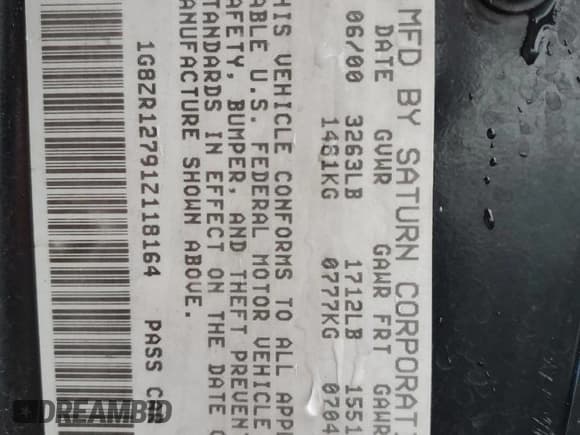 ✅ 2001 Saturn SC • VIN: 1G8ZR12791Z118164 • Лот: 74393904. Опубликован ранее на Copart с пробегом 158 308 миль. Бесплатный доступ к архиву аукционных продаж из США и подробный отчёт об истории автомобиля на DreamBid. Изображение 13.