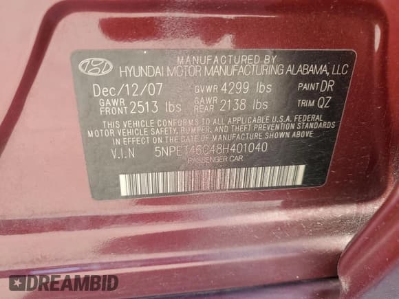 ✅ 2008 Hyundai Sonata GLS • VIN: 5NPET46C48H401040 • Лот: 85438324. Опубликован ранее на Copart с пробегом 55 461 миль. Бесплатный доступ к архиву аукционных продаж из США и подробный отчёт об истории автомобиля на DreamBid. Изображение 14.