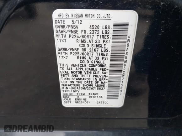 ✅ 2012 Nissan Rogue SV • VIN: JN8AS5MV2CW715837 • Лот: 42706515. Опубликован ранее на IAAI с пробегом 125 573 миль. Бесплатный доступ к архиву аукционных продаж из США и подробный отчёт об истории автомобиля на DreamBid. Изображение 9.