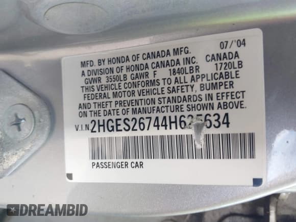 ✅ 2004 Honda Civic EX • VIN: 2HGES26744H625634 • Lot: 43592568. Listed on IAAI with 215,775 mi. Free auction sales archive from the USA and detailed vehicle history report at DreamBid. Image 9.