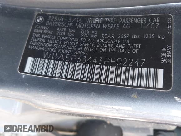 ✅ 2003 BMW 3 Series 325xi • VIN: WBAEP33443PF02247 • Lot: 42560000. Listed on IAAI with 143,766 mi. Free auction sales archive from the USA and detailed vehicle history report at DreamBid. Image 9.