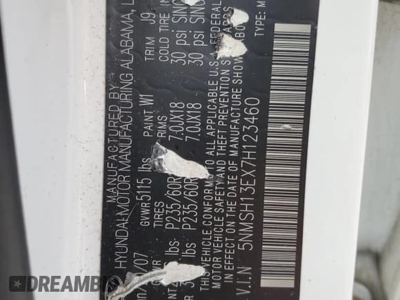 ✅ 2007 Hyundai Santa Fe SE • VIN: 5NMSH13EX7H123460 • Lot: 71380404. Listed on Copart with 245,661 mi. Free auction sales archive from the USA and detailed vehicle history report at DreamBid. Image 13.