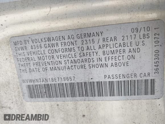 ✅ 2011 Volkswagen CC Lux • VIN: WVWHN7AN1BE719657 • Лот: 43024343. Опубликован ранее на IAAI с пробегом 108 236 миль. Бесплатный доступ к архиву аукционных продаж из США и подробный отчёт об истории автомобиля на DreamBid. Изображение 9.