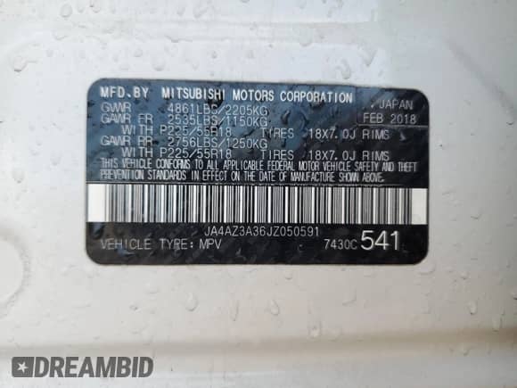 2018 Mitsubishi Outlander ES z VIN JA4AZ3A36JZ050591, wystawiony jako Copart lot #72047945 z przebiegiem 85 199 mil mil oraz Szkoda całkowita • Salvage title. Historia ofert i sprzedaży dostępna na DreamBid. Obrazek 13.