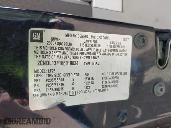 ✅ 2008 Chevrolet Equinox LS • VIN: 2CNDL13F186019024 • Лот: 42107683. Опубликован ранее на IAAI с пробегом 144 338 миль. Бесплатный доступ к архиву аукционных продаж из США и подробный отчёт об истории автомобиля на DreamBid. Изображение 9.