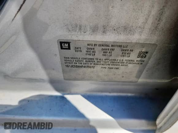 ✅ 2015 Chevrolet Sonic LT • VIN: 1G1JC5SH4F4175972 • Lot: 82284225. Listed on Copart with 161,635 mi. Free auction sales archive from the USA and detailed vehicle history report at DreamBid. Image 12.