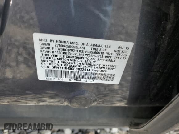 ✅ 2015 Honda Pilot EX-L • VIN: 5FNYF3H50FB032914 • Lot: 71197045. Listed on Copart with 138,412 mi. Free auction sales archive from the USA and detailed vehicle history report at DreamBid. Image 13.