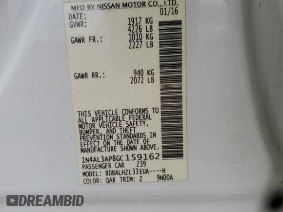 ✅ 2016 Nissan Altima SR • VIN: 1N4AL3AP8GC159162 • Lot: 92269125. Listed on Copart with 86,652 mi. Free auction sales archive from the USA and detailed vehicle history report at DreamBid. Image 12.