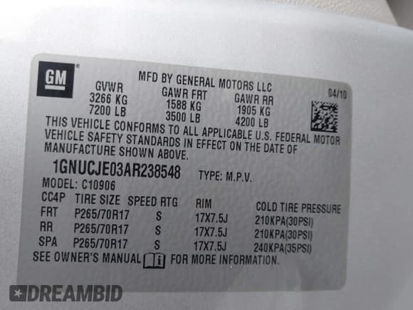 ✅ 2010 Chevrolet Suburban LT • VIN: 1GNUCJE03AR238548 • Lot: 42104596. Listed on IAAI with 153,959 mi. Free auction sales archive from the USA and detailed vehicle history report at DreamBid. Image 9.