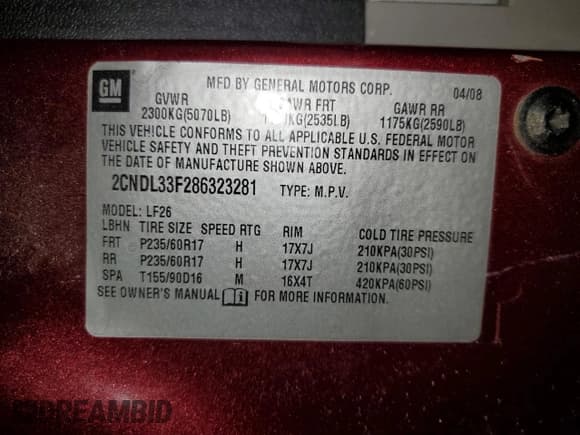 ✅ 2008 Chevrolet Equinox LT • VIN: 2CNDL33F286323281 • Лот: 50192615. Опубликован ранее на Copart с пробегом 97 938 миль. Бесплатный доступ к архиву аукционных продаж из США и подробный отчёт об истории автомобиля на DreamBid. Изображение 13.