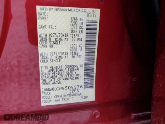 ✅ 2015 Nissan Titan Pro-4X • VIN: 1N6BA0ECXFN505576 • Lot: 85187015. Listed on Copart with 56,221 mi. Free auction sales archive from the USA and detailed vehicle history report at DreamBid. Image 12.