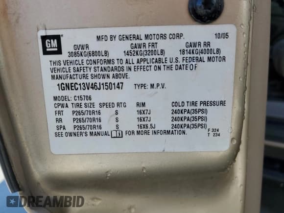 ✅ 2006 Chevrolet Tahoe LS • VIN: 1GNEC13V46J150147 • Lot: 45947745. Wystawiony na Copart z przebiegiem 297 554 mil. Bezpłatny archiwum sprzedaży aukcyjnych z USA i szczegółowy raport historii pojazdu na DreamBid. Zdjęcie 13.