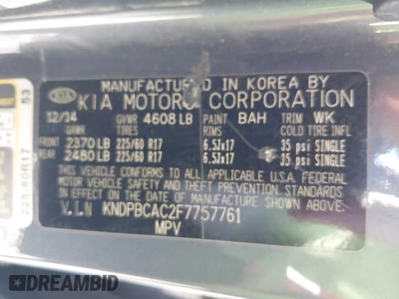 ✅ 2015 Kia Sportage LX • VIN: KNDPBCAC2F7757761 • Lot: 43718084. Listed on IAAI with 129,391 mi. Free auction sales archive from the USA and detailed vehicle history report at DreamBid. Image 9.