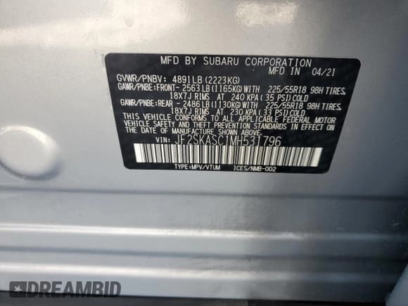 ✅ 2021 Subaru Forester Limited • VIN: JF2SKASC1MH531796 • Lot: 56463595. Wystawiony na Copart z przebiegiem 35 377 mil. Bezpłatny archiwum sprzedaży aukcyjnych z USA i szczegółowy raport historii pojazdu na DreamBid. Zdjęcie 13.