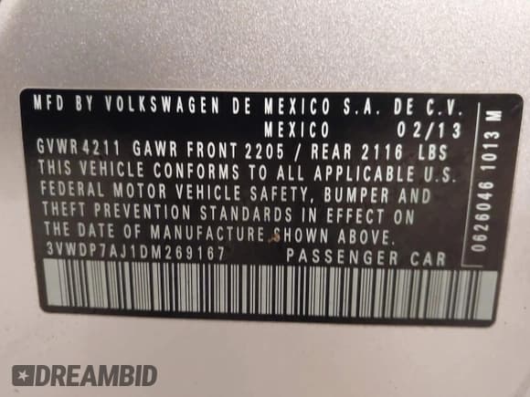 ✅ 2013 Volkswagen Jetta SE • VIN: 3VWDP7AJ1DM269167 • Lot: 43434841. Listed on IAAI with 155,641 mi. Free auction sales archive from the USA and detailed vehicle history report at DreamBid. Image 9.