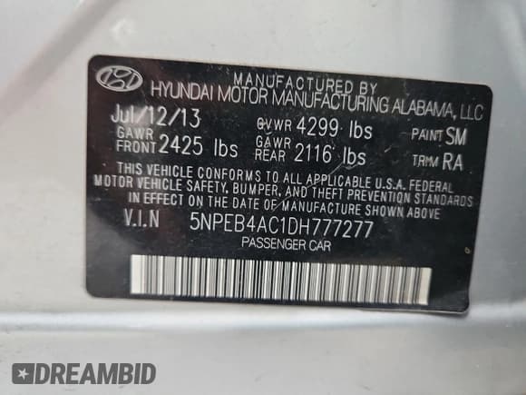 ✅ 2013 Hyundai Sonata GLS • VIN: 5NPEB4AC1DH777277 • Lot: 82650275. Listed on Copart with Not provided. Free auction sales archive from the USA and detailed vehicle history report at DreamBid. Image 12.