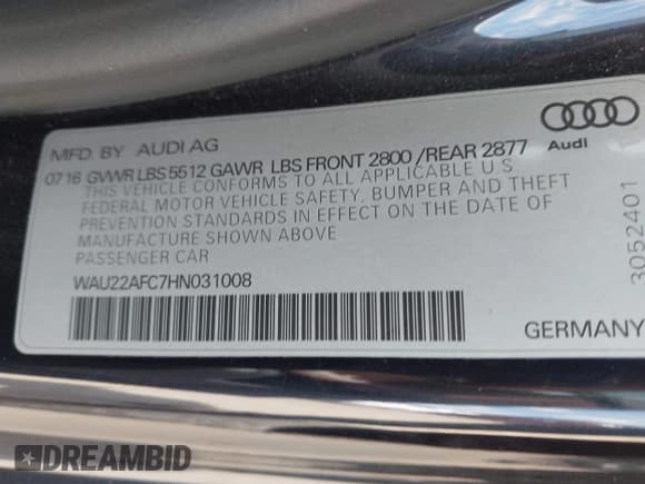 ✅ 2017 Audi A7 Prestige • VIN: WAU22AFC7HN031008 • Lot: 43084559. Listed on IAAI with 127,613 mi. Free auction sales archive from the USA and detailed vehicle history report at DreamBid. Image 9.