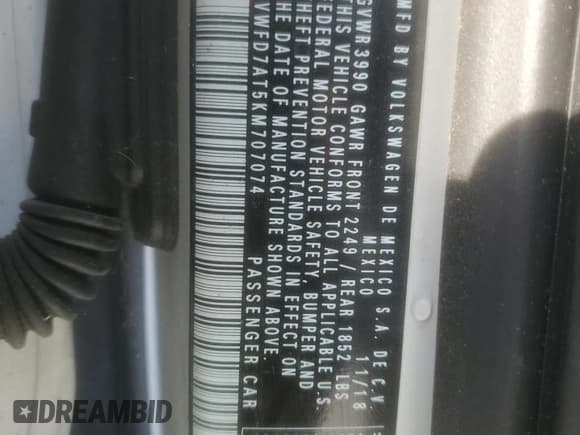 ✅ 2019 Volkswagen Beetle S • VIN: 3VWFD7AT5KM707074 • Lot: 91267455. Listed on Copart with Not provided. Free auction sales archive from the USA and detailed vehicle history report at DreamBid. Image 13.