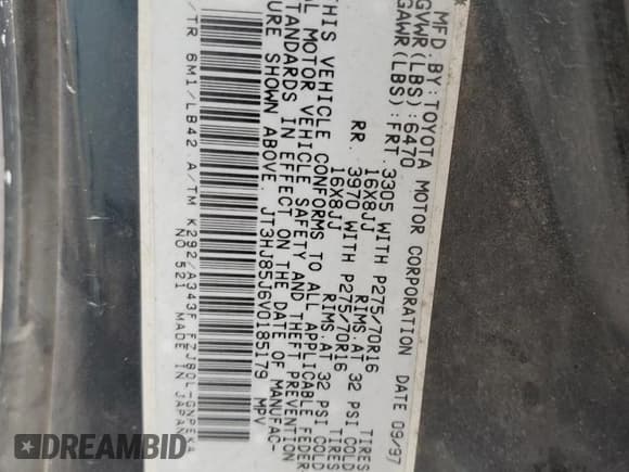 ✅ 1997 Toyota Land Cruiser • VIN: JT3HJ85J6V0185179 • Лот: 67175814. Опубликован ранее на Copart с пробегом 271 577 миль. Бесплатный доступ к архиву аукционных продаж из США и подробный отчёт об истории автомобиля на DreamBid. Изображение 15.