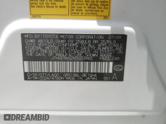 ✅ 2009 Lexus GS 350 • VIN: JTHCE96S290023982 • Lot: 56376285. Listed on Copart with 128,425 mi. Free auction sales archive from the USA and detailed vehicle history report at DreamBid. Image 12.