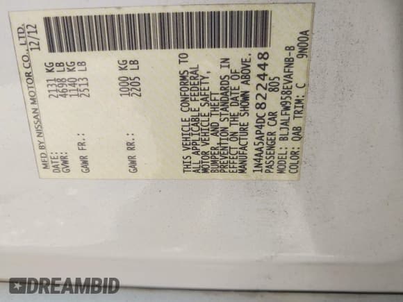 ✅ 2013 Nissan Maxima SV • VIN: 1N4AA5AP4DC822448 • Lot: 42856458. Listed on IAAI with 119,349 mi. Free auction sales archive from the USA and detailed vehicle history report at DreamBid. Image 9.