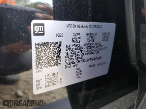 2022 Chevrolet Tahoe RST with VIN 1GNSKRKD0NR244846, listed as a Copart auction lot 70801855 with 69,403 mi miles and Salvage title. Bid and sale history available at DreamBid. Image 13.