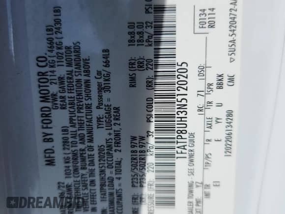 2022 Ford Mustang EcoBoost Premium с VIN 1FATP8UH3N5120205, выставлен на аукционе Copart как лот 86175505 с пробегом 66 494 миль миль и Списание • Salvage title. История ставок и продаж доступна на DreamBid. Изображение 13.