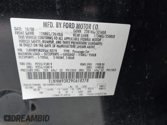 ✅ 2009 Lincoln MKS • VIN: 1LNHM93R29G618278 • Lot: 43726997. Listed on IAAI with 226,096 mi. Free auction sales archive from the USA and detailed vehicle history report at DreamBid. Image 9.