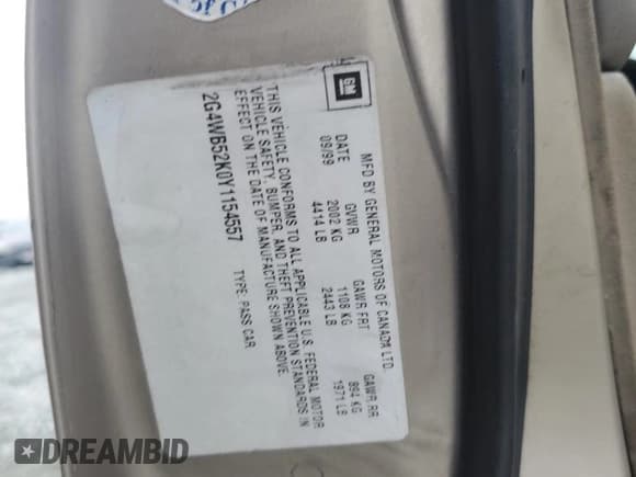 ✅ 2000 Buick Regal LS • VIN: 2G4WB52K0Y1154557 • Лот: 86279775. Опубликован ранее на Copart с пробегом Не указан. Бесплатный доступ к архиву аукционных продаж из США и подробный отчёт об истории автомобиля на DreamBid. Изображение 12.