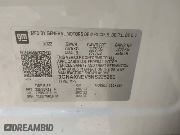 2022 Chevrolet Equinox Premier с VIN 3GNAXNEV5NS225281, выставлен на аукционе IAAI как лот 42891693 с пробегом 55 732 миль миль и . История ставок и продаж доступна на DreamBid. Изображение 9.