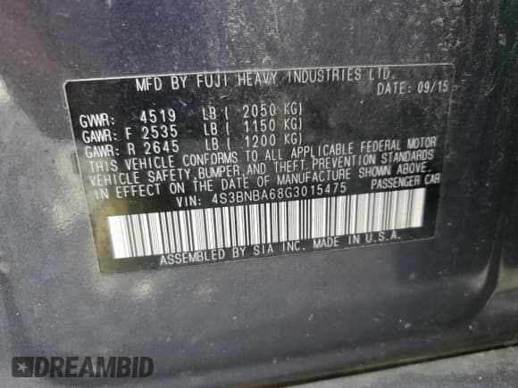 ✅ 2016 Subaru Legacy 2.5i • VIN: 4S3BNBA68G3015475 • Lot: 81777305. Listed on Copart with 154,095 mi. Free auction sales archive from the USA and detailed vehicle history report at DreamBid. Image 12.