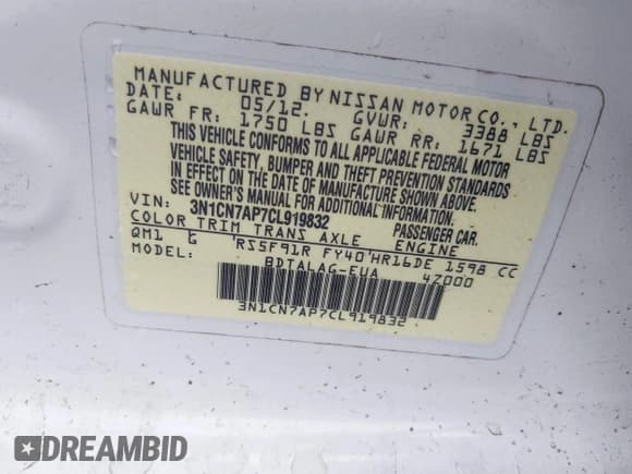 ✅ 2012 Nissan Versa SV • VIN: 3N1CN7AP7CL919832 • Lot: 42980841. Wystawiony na IAAI z przebiegiem 119 084 mil. Bezpłatny archiwum sprzedaży aukcyjnych z USA i szczegółowy raport historii pojazdu na DreamBid. Zdjęcie 9.