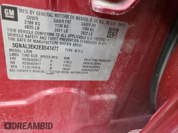 ✅ 2014 Chevrolet Captiva Sport LT • VIN: 3GNAL3EK2ES547477 • Лот: 87429245. Опубликован ранее на Copart с пробегом 120 941 миль. Бесплатный доступ к архиву аукционных продаж из США и подробный отчёт об истории автомобиля на DreamBid. Изображение 13.