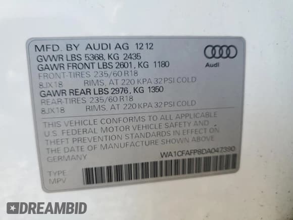 ✅ 2013 Audi Q5 Premium • VIN: WA1CFAFP8DA047390 • Lot: 66304535. Listed on Copart with 137,398 mi. Free auction sales archive from the USA and detailed vehicle history report at DreamBid. Image 13.