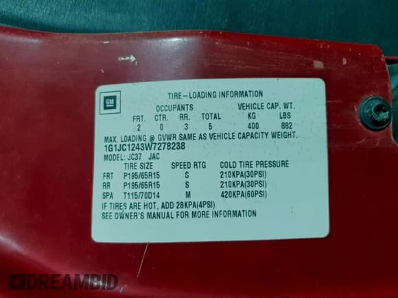 ✅ 1998 Chevrolet Cavalier • VIN: 1G1JC1243W7278238 • Lot: 94664425. Listed on Copart with Not provided. Free auction sales archive from the USA and detailed vehicle history report at DreamBid. Image 12.