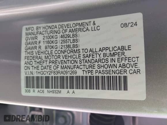 2024 Honda Accord Touring с VIN 1HGCY2F83RA091269, выставлен на аукционе IAAI как лот 43118394 с пробегом 11 657 миль миль и . История ставок и продаж доступна на DreamBid. Изображение 9.
