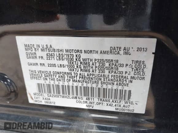 2014 Mitsubishi Outlander ES z VIN 4A4AR3AU0EE005229, wystawiony jako IAAI lot #43621061 z przebiegiem 147 459 mil mil oraz . Historia ofert i sprzedaży dostępna na DreamBid. Obrazek 9.