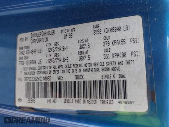 ✅ 2000 Dodge 2500 • VIN: 3B7KC2362YG140005 • Lot: 43786623. Listed on IAAI with 244,100 mi. Free auction sales archive from the USA and detailed vehicle history report at DreamBid. Image 9.