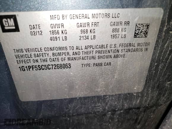 2012 Chevrolet Cruze 1LT z VIN 1G1PF5SC5C7268063, wystawiony jako Copart lot #91423205 z przebiegiem 122 123 mil mil oraz Czysty tytuł • Clean title. Historia ofert i sprzedaży dostępna na DreamBid. Obrazek 12.