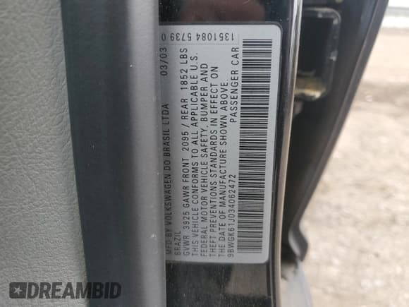 ✅ 2003 Volkswagen Golf GLS • VIN: 9BWGK61J034062472 • Lot: 49186615. Wystawiony na Copart z przebiegiem 163 365 mil. Bezpłatny archiwum sprzedaży aukcyjnych z USA i szczegółowy raport historii pojazdu na DreamBid. Zdjęcie 14.