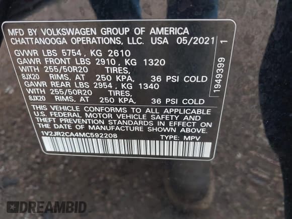 ✅ 2021 Volkswagen Atlas SE • VIN: 1V2JR2CA4MC592208 • Lot: 43076867. Listed on IAAI with 70,995 mi. Free auction sales archive from the USA and detailed vehicle history report at DreamBid. Image 9.