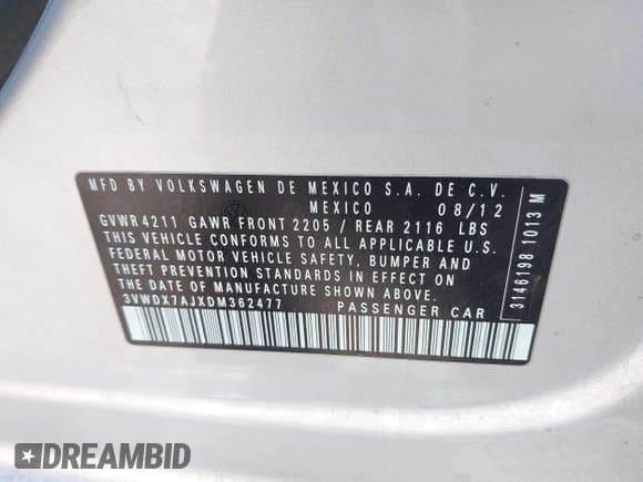 ✅ 2013 Volkswagen Jetta SE • VIN: 3VWDX7AJXDM362477 • Lot: 42035300. Listed on IAAI with 189,106 mi. Free auction sales archive from the USA and detailed vehicle history report at DreamBid. Image 9.