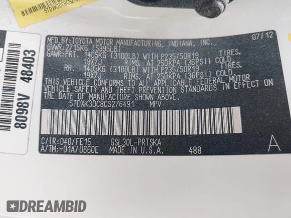 ✅ 2012 Toyota Sienna SE • VIN: 5TDXK3DC8CS276491 • Lot: 41107014. Listed on IAAI with 96,266 mi. Free auction sales archive from the USA and detailed vehicle history report at DreamBid. Image 9.