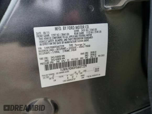 ✅ 2015 Lincoln MKS • VIN: 1LNHL9DK0FG607229 • Lot: 82455995. Wystawiony na Copart z przebiegiem 146 337 mil. Bezpłatny archiwum sprzedaży aukcyjnych z USA i szczegółowy raport historii pojazdu na DreamBid. Zdjęcie 12.