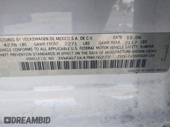 ✅ 2007 Volkswagen Jetta • VIN: 3VWGG71K47M076277 • Лот: 41356422. Опубликован ранее на IAAI с пробегом 176 821 миль. Бесплатный доступ к архиву аукционных продаж из США и подробный отчёт об истории автомобиля на DreamBid. Изображение 9.