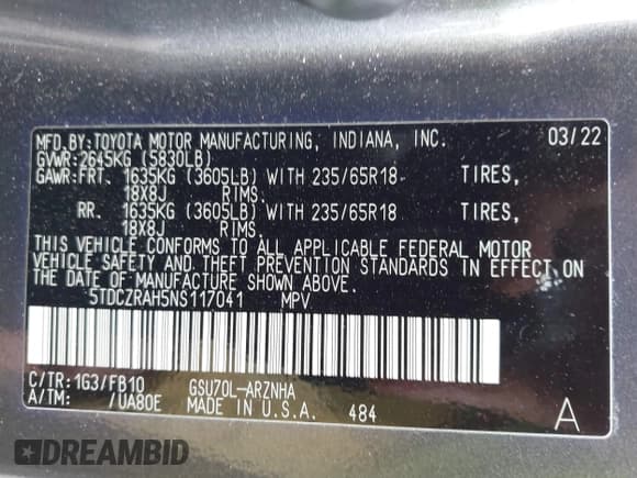 ✅ 2022 Toyota Highlander L • VIN: 5TDCZRAH5NS117041 • Lot: 42829998. Wystawiony na IAAI z przebiegiem 53 347 mil. Bezpłatny archiwum sprzedaży aukcyjnych z USA i szczegółowy raport historii pojazdu na DreamBid. Zdjęcie 9.