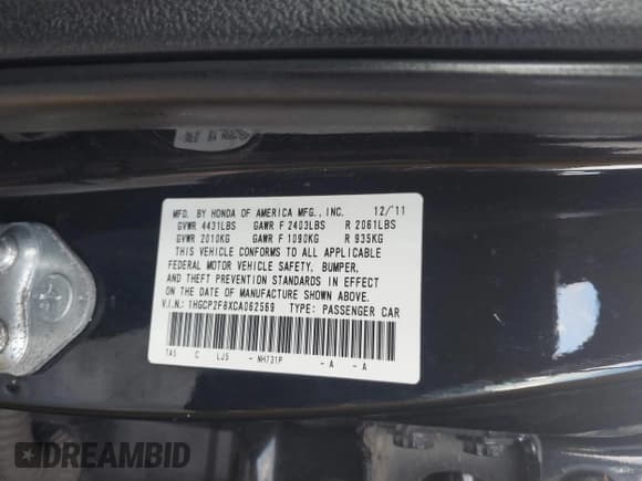 ✅ 2012 Honda Accord EX-L • VIN: 1HGCP2F8XCA062569 • Lot: 43573222. Listed on IAAI with 206,757 mi. Free auction sales archive from the USA and detailed vehicle history report at DreamBid. Image 9.