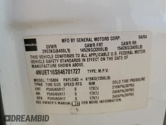 ✅ 2004 Isuzu Ascender S • VIN: 4NUET16S846701727 • Lot: 59148745. Listed on Copart with 152,038 mi. Free auction sales archive from the USA and detailed vehicle history report at DreamBid. Image 13.