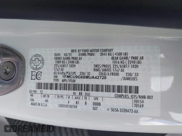 ✅ 2021 Ford Escape SE • VIN: 1FMCU9G68MUA42720 • Lot: 43084643. Listed on IAAI with Not provided. Free auction sales archive from the USA and detailed vehicle history report at DreamBid. Image 9.