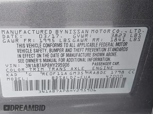 ✅ 2017 Nissan Sentra SL • VIN: 3N1AB7AP8HY295906 • Lot: 43188421. Listed on IAAI with 60,040 mi. Free auction sales archive from the USA and detailed vehicle history report at DreamBid. Image 9.